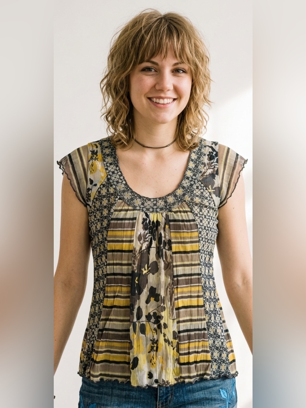 Y2K Floral & Striped Patchwork Mesh Top Retro Grunge Fairycore Tee Lettuce Trim